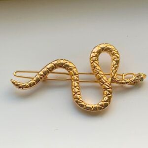 Snake Barrette with Green Eyes - Serpent Punk Edgy Gold Tone Hair Accessory